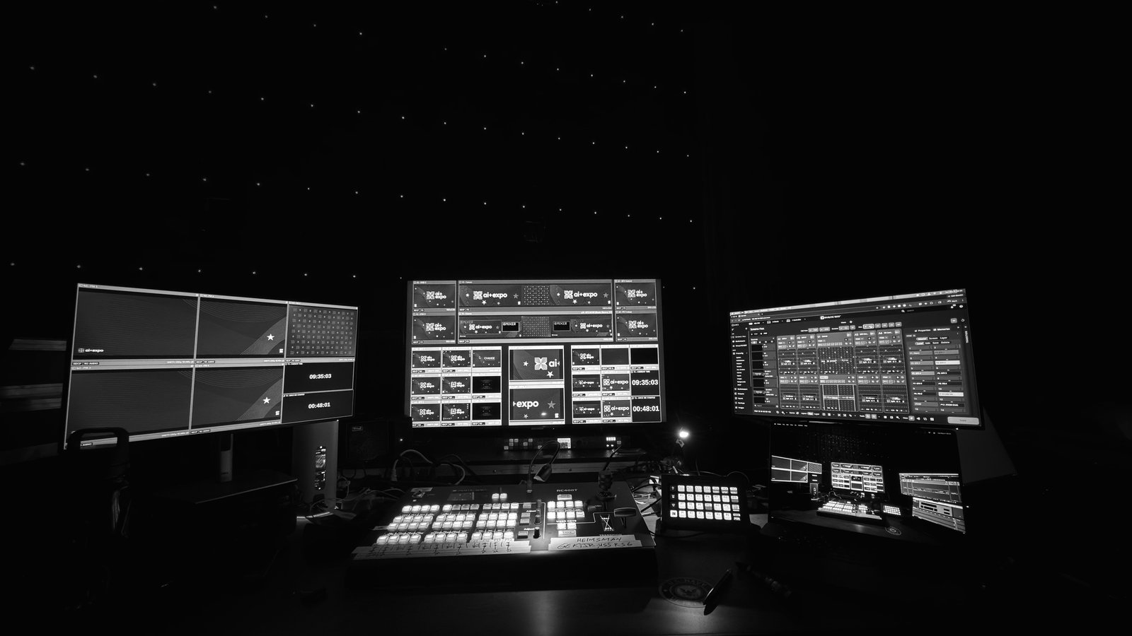 Aquilon RS4 control room setup — multiviewer, control panel, and switcher for ai+expo, George E. Kennedy, Jr. operating
