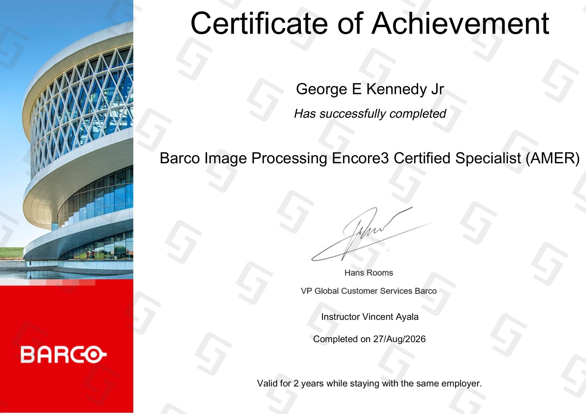 Barco Image Processing Encore3 Certified Specialist (AMER) certificate